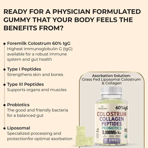 Miniatura 5 de Gomitas de calostro I Péptidos de colágeno I Probióticos 5000+ mg con 60% IgG I Apoyo a la inmunidad y salud intestinal - Tecnología liposmal
