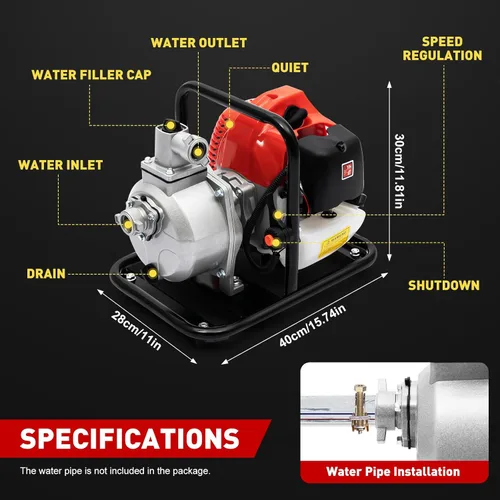 Miniatura 2 de Bomba de transferencia de agua a gas de 2 tiempos, 1.7 HP, motor de gasolina de 40.2 cc, bomba de agua portátil de 1 pulgada, bombas de agua