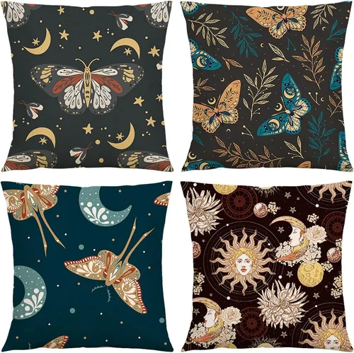 Juego de 4 fundas de almohada cuadradas de lino con diseño bohemio abstracto negro de 18 x 18 pulgadas, diseño floral de sol y luna, decoración