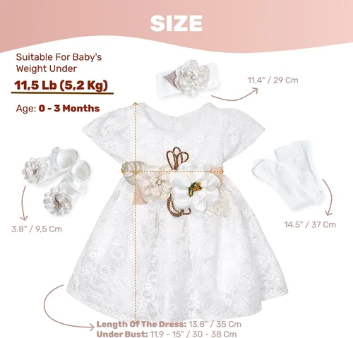 Miniatura 3 de Vestido de niña recién nacida, bautizo, vestido blanco bordado de encaje para bebé 0-3, vestido de niña de flores recién nacidas