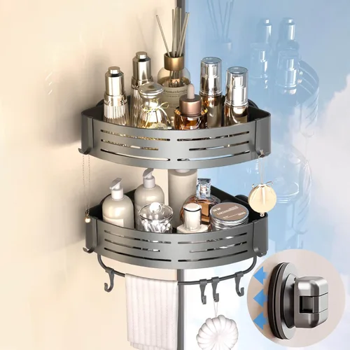Miniatura 12 de Onemake Organizador de ducha con ventosa, estante de ducha de succión con ganchos portátiles, organizador de baño con barra de toalla