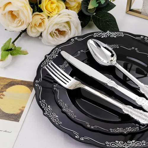Miniatura 2 de DaYammi 150 platos de plástico negro plateado y cubiertos de plástico plateado, platos desechables de plata negra para incluir 30 platos llanos, 30