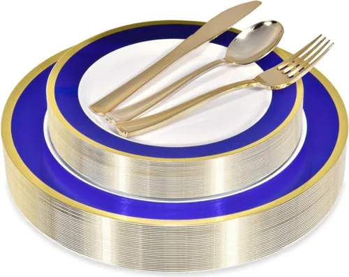 Platos de plástico elegantes desechables de 125 piezas en blanco, azul y dorado con cubiertos, vajilla elegante para bodas, fiestas navideñas, juego