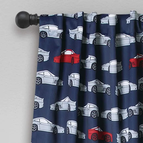 Miniatura 3 de Lush Decor Race Cars - Juego de cortinas para ventana con filtro de luz, 52 pulgadas de ancho x 63 pulgadas de largo, azul marino y rojo
