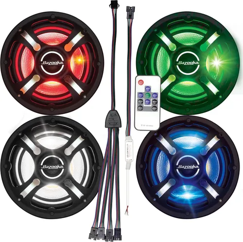 Bazooka | Kit de altavoces coaxiales marinos | 4 altavoces LED de 6.5 pulgadas | Controlador LED RGB Plug and Play y control remoto (4 altavoces de