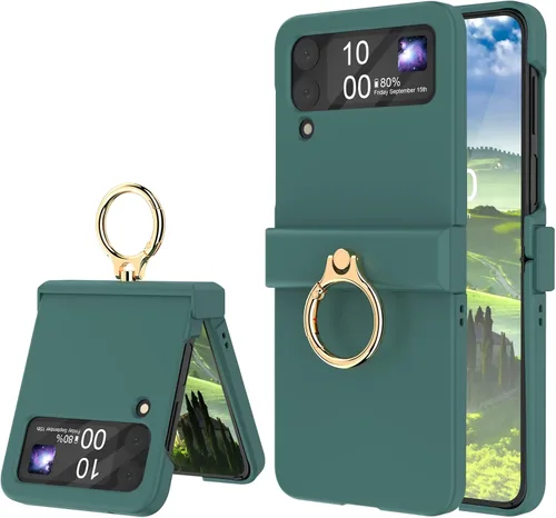 Funda compatible con Galaxy Z Flip 4 con protección de bisagra y soporte de anillo, funda protectora delgada y fina para Samsung Z Flip 4 5G (verde