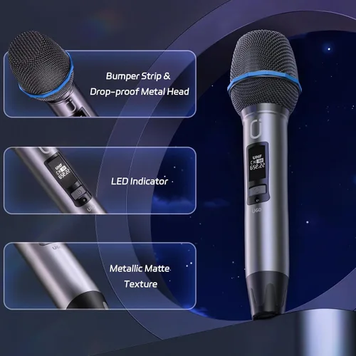 Miniatura 7 de JAUYXIAN Micrófonos inalámbricos U60, sistema de micrófono dual UHF con receptor recargable, micrófono de karaoke de metal para cantar, boda, DJ
