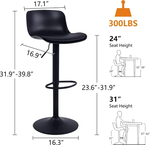 Miniatura 2 de YOUTASTE Juego de 2 taburetes de bar totalmente negros, taburetes de bar giratorios ajustables con respaldo, asientos de silla de bar acolchados