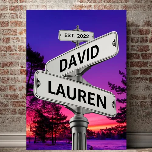 Miniatura 16 de Cartel de calle vintage de lienzo personalizado para parejas, cartel de cruce de caminos con nombre personalizado, el mejor regalo para parejas