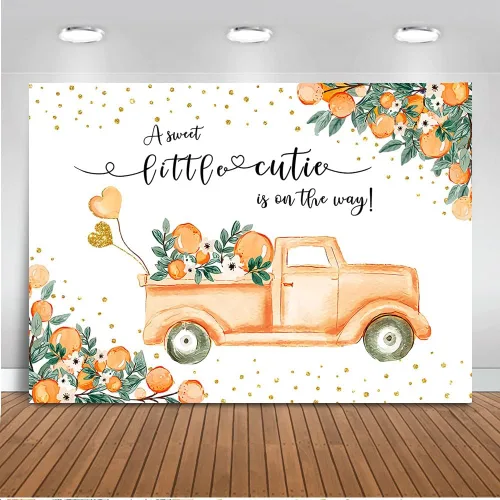 Mocsicka A Little Cutie - Telón de fondo para baby shower, color naranja y camión, fondo de baby shower, tema mandarina, baby shower, para niña,