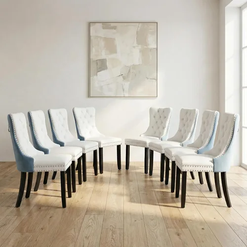Miniatura 33 de OVENTA Juego de 4 sillas de comedor modernas tapizadas copetudas, terciopelo negro y gris y cuero con patas de madera maciza, sillas de cocina