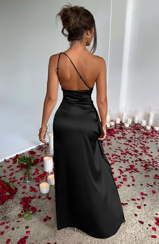 Miniatura 5 de Memoriesea Women's Sexy One Shoulder Satin High Split Cocktail Wedding Party Maxi Dress