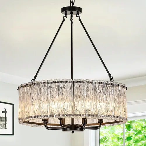 Miniatura 18 de CATINER Candelabro de cristal de 20 pulgadas, moderno, 6 luces, lámparas de tambor dorado, iluminación colgante de techo de lujo para entrada