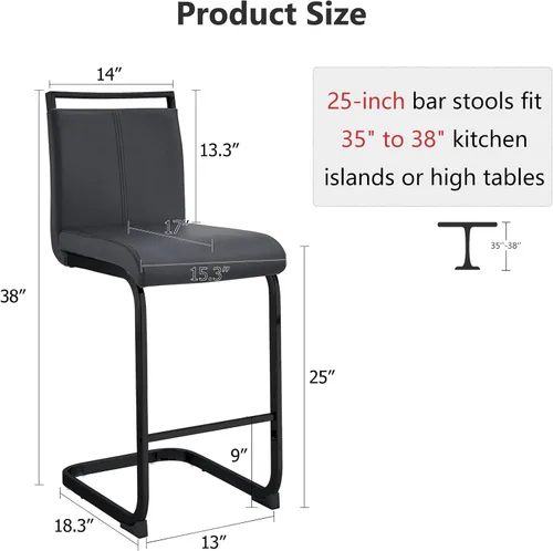 Miniatura 2 de Taburetes de bar modernos de altura de mostrador, juego de taburetes de bar tapizados de cuero de 2,25 pulgadas de alto con respaldo y marco