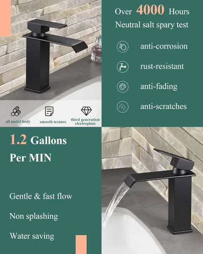 Miniatura 2 de Grifo de baño de cascada negro mate – Grifo de fregadero de acero inoxidable 304 de un solo orificio con drenaje desplegable de metal, diseño