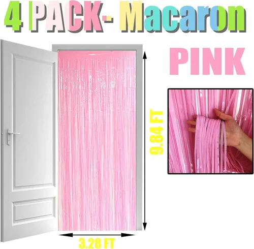 Miniatura 2 de Paquete de 4 cortinas de flecos de papel de aluminio rosa macarrón, 3.28 pies x 9.84 pies, cortinas de flecos de aluminio para fiestas, accesorios