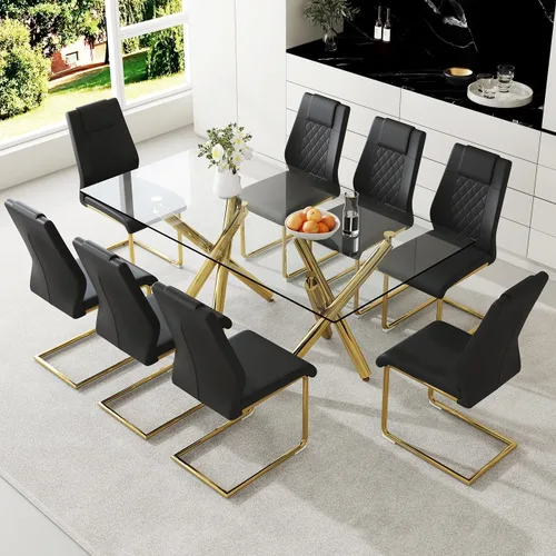 Miniatura 10 de Ebullient Moderno juego de mesa de comedor para 6, mesa de comedor de cristal de 71 pulgadas y patas de mesa de metal dorado, mesas de comedor