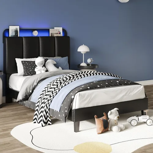 Miniatura 8 de BarnFurin Base de cama individual con luces LED, plataforma tapizada con cabecera de almacenamiento, marco de cama individual, sin ruido,
