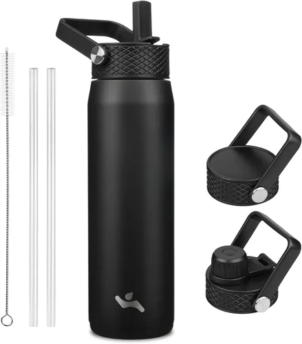 Miniatura 16 de Konokyo - Botella de agua aislada de 18 onzas, botellas deportivas de acero inoxidable con 3 tapas, verde militar