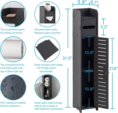Miniatura 3 de AOJEZOR Gabinete pequeño de almacenamiento para baño: Gabinete para papel higiénico de baño adecuado para rollo pequeño, negro