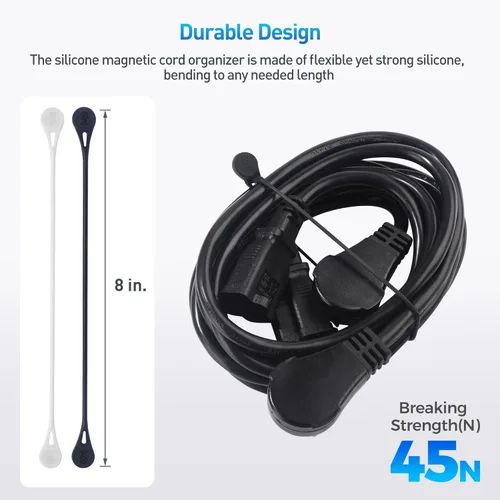 Miniatura 5 de Cable Matters Paquete de 10 bridas magnéticas de silicona ultra fuertes, bridas magnéticas/cremalleras/organizador de cables, blanco y negro