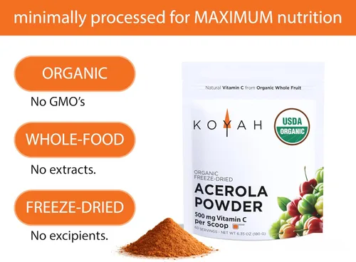 Miniatura 3 de KOYAH - Acerola en polvo orgánica, liofilizada: 60 porciones 1 cucharada = 500 mg de vitamina C natural de alimentos integrales, 100 puros, sin