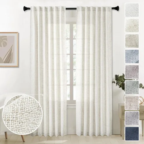 Miniatura 34 de Cortinas de lino 92 pulgadas de largo, juego de 2 paneles con bolsillo para barra, lengüeta trasera, cortinas transparentes para ventanas