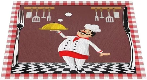 Miniatura 27 de Juego de 4 manteles individuales con estampado de cocina de chef, restaurante, cocina, acuarela, manteles individuales de tela lavable para mesa