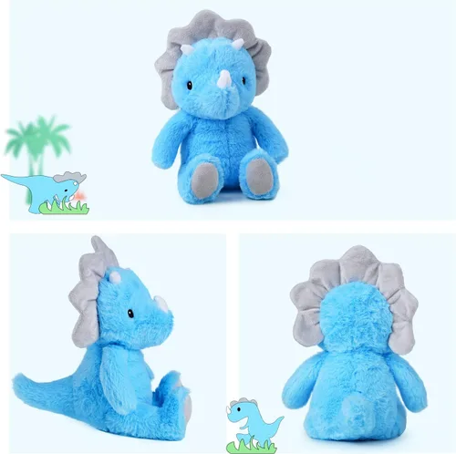 Miniatura 4 de VANLINNY Animales de peluche de dinosaurio, juguete de dinosaurios azules para niños de 3 a 5 años, bonito peluche de triceratops de 9 pulgadas