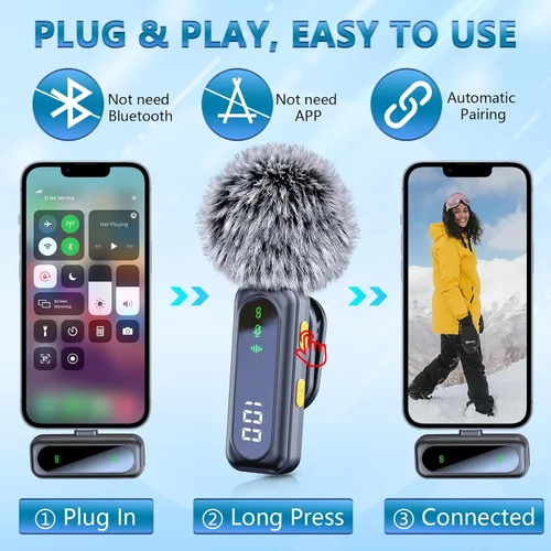 Miniatura 3 de Micrófono inalámbrico mini para iPhone 15 16, iPad, Android, paquete de 2 micrófonos lavalier con pantalla LED y reducción de ruido, micrófono