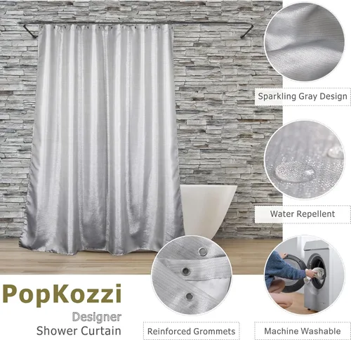Miniatura 2 de Cortina de ducha brillante gris plateado: juego de cortinas de tela metálica gris claro moderno y elegante para decoración de baño festiva