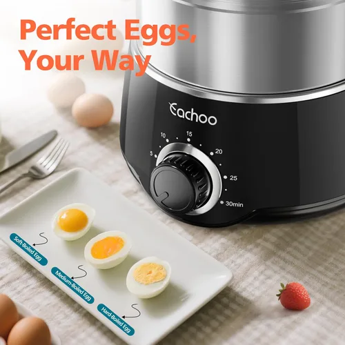 Miniatura 5 de CACHOO - Olla para huevos duros – Caldera rápida de acero inoxidable para 14 huevos con temporizador de 30 minutos y apagado automático, vaporizador