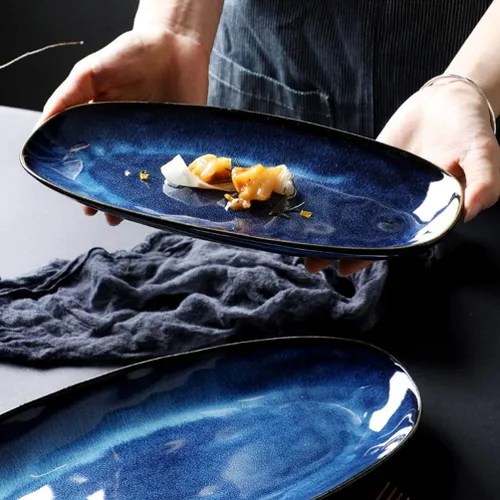 Miniatura 7 de Cabilock Bandeja de pescado Placa de sushi de cerámica Blue Black Snack Serving Plate para fiesta de boda