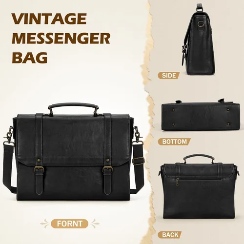 Miniatura 6 de Bolso de mensajero IGOLUMON para hombres de 15.6 pulgadas, bolso de cuero vintage impermeable para computadora, maletín para hombres, bolso grande