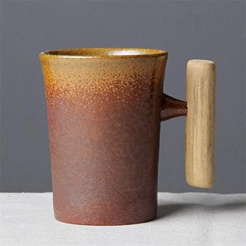 Taza de café de cerámica vintage de estilo japonés, taza de té con leche y cerveza con mango de madera, taza para agua, oficina en casa (estilo 2 A)