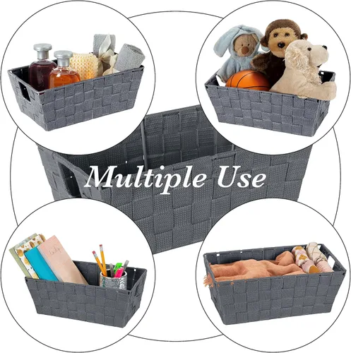 Miniatura 3 de Simplify Bolso pequeño con correa tejida para estante Cesta de almacenamiento decorativa Asas integradas Organización Armario Dormitorio
