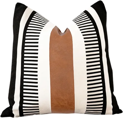 Funda de almohada bohemia de color blanco y negro con piel, funda de cojín moderna de 22 x 22 pulgadas, funda de almohada de rayas estilo campestre