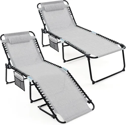 Miniatura 17 de Goplus Tumbona para exteriores, silla de playa plegable extragrande de 5 posiciones con almohada desmontable, bolsillo lateral, silla de bronceado