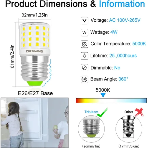 Miniatura 5 de ZHENMING Bombillas LED AC 100-265V 3.5W para refrigerador KEI D34L E26 5W Reemplazo 50W-60W 5304511738 Bombilla de nevera para Frigidaire Kenmore