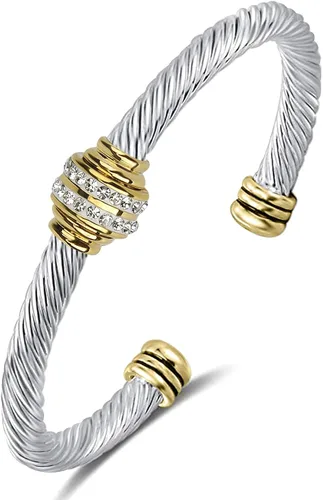 Tiyad Pulsera de cable de acero inoxidable vintage con alambre trenzado compuesto abierto, pulsera ajustable para mujeres y hombres, niñas,