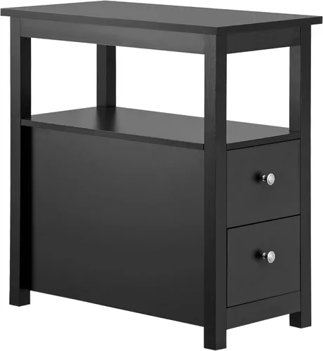 Miniatura 8 de Mesa auxiliar de 3 niveles con 2 cajones y estante de almacenamiento abierto, mesa de madera estrecha, mesita de noche, sofá para el hogar, oficina