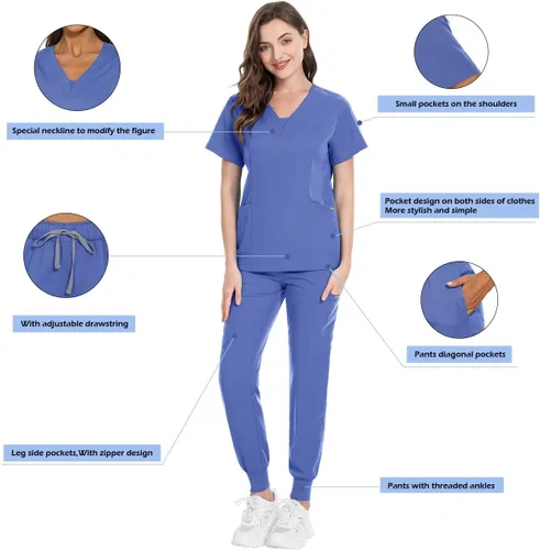 Miniatura 3 de niaahinn Conjunto de traje médico para mujer, moderno cuello en V + pierna con cordón, pantalones deportivos para enfermería médica (ceil, talla M)