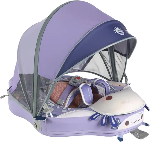 Mambobaby Flotador de piscina para bebés sin deslizamiento con toldo y cola flotador de natación no inflable para bebés, espuma perla, UPF 50+ y