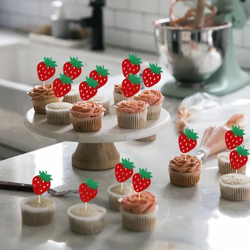Miniatura 7 de 24 piezas de adornos para cupcakes de fresa, purpurina roja, temas de frutas, bayas y fresas, para verano, dulces, baby shower, fiesta