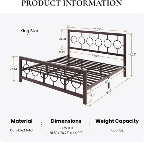 Miniatura 2 de SHA CERLIN Marco de cama de metal tamaño King con cabecera y pie de cama de diseño circular vintage, no requiere somier, fácil montaje, sin ruido