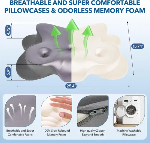 Miniatura 2 de Almohada cervical para aliviar el dolor de cuello, almohada ergonómica de espuma viscoelástica con funda de almohada de seda de hielo, almohada