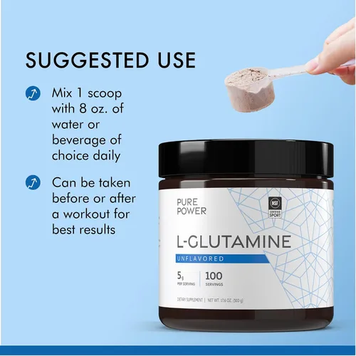 Miniatura 4 de Pure Power L-glutamina, sin sabor, 17.6 oz (500 g), 100 porciones (1 tarro), 0.18 oz por porción, sin OMG, certificado NSF para deportes, Dr. Mercola