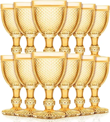 Miniatura 10 de Bokon Juego de 6 copas de vidrio ámbar de 10 onzas de alto transparente, copas de agua vintage, diseño de diamante en relieve, cristalería con tallo