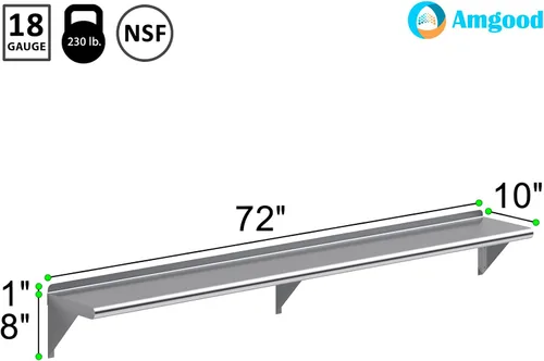 Miniatura 3 de AmGood Estante de pared de acero inoxidable de 72 pulgadas de largo x 10 pulgadas de profundidad Certificado NSF Estantería de metal