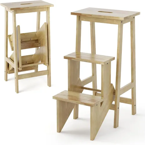Miniatura 13 de Giantex Escalera plegable de 3 niveles, taburete de madera multifuncional 3 en 1, escalera de exhibición y estante de almacenamiento para Marrón